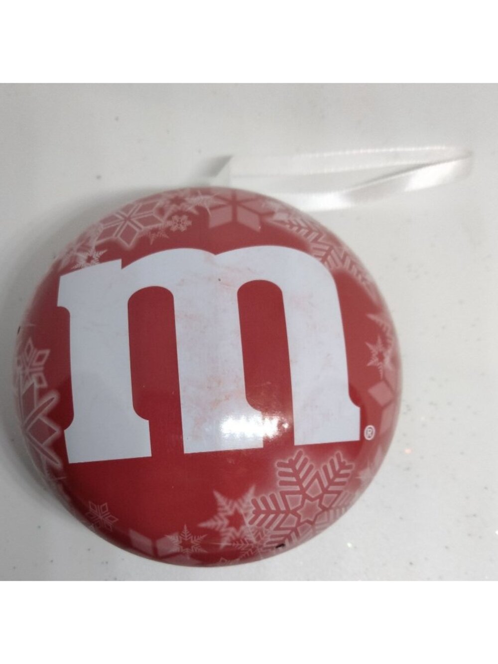 M M Candy Christmas Ornament Red  Hanging Gift Canister